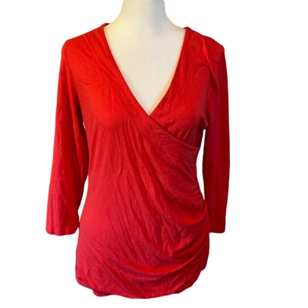 Soft Surroundings Ruched Faux Wrap V Neck Top. Size S. Coral color. Some stretch
